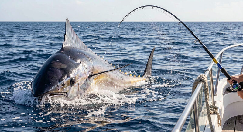 A large bluefin tuna breaking the surface beside a boat on open blue water, spray flying, a heavy rod bent in the corner of the frame.