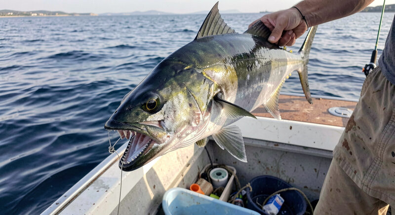 A bluefish lifted aboard a small boat, dark green and silver with sharp teeth, a wire leader visible at its jaw.