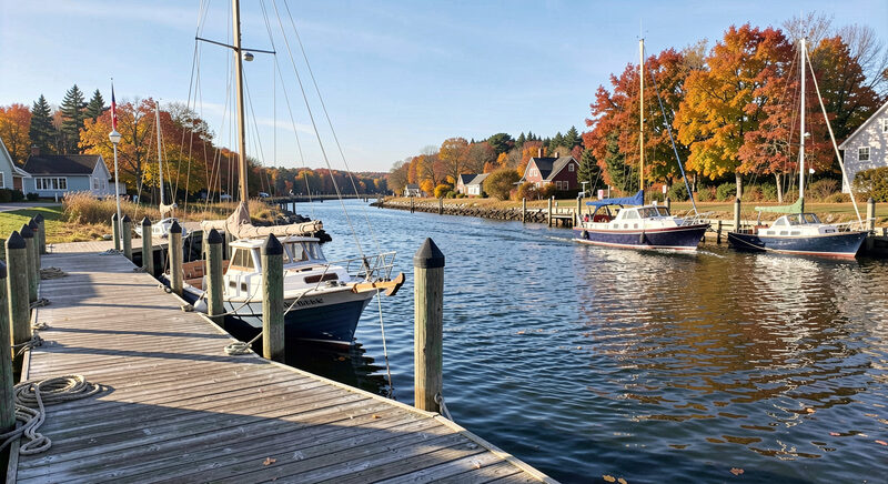 A wooden dock at a small harbor on a bright autumn morning, a few charter boats tied up and one leaving the channel.