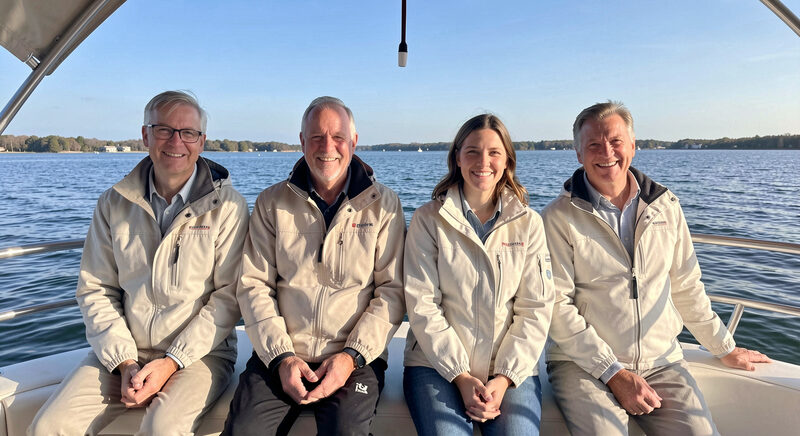 A group of four people in light jackets sitting along the rail of a charter boat, smiling, calm bay water and blue sky behind.